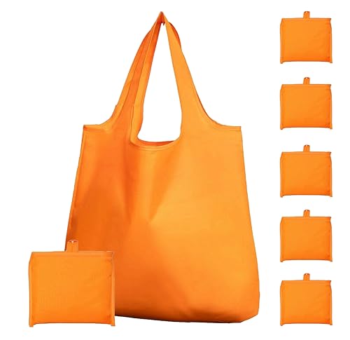 Reusable Grocery Bags 6 Pack, Foldable Shopping Bags with Pouch, Heavy Duty 50 LBS, Machine Washable Travel Totes - color: Orange