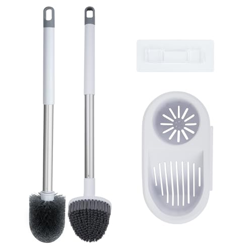2-in-1 Toilet Brush and Holder Set with Flat Scrubber Brush,White,1Set