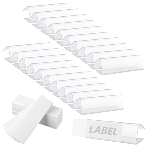 100 Pcs Plastic Label Holder with 100 Pcs Label Inserts, 3" L x1" H Clear Plastic Shelf Label Holder, Shelf Sign and Ticket Holder, Clips On to Shelves 5/8" to 3/4" Thick