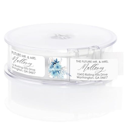 Blue Floral The Future Mr. and Mrs Rolled Address Labels / 250 Personalized Wedding Stickers/Elegant Plastic Dispenser - size: 250 Labels, style: The Future – Blue Floral