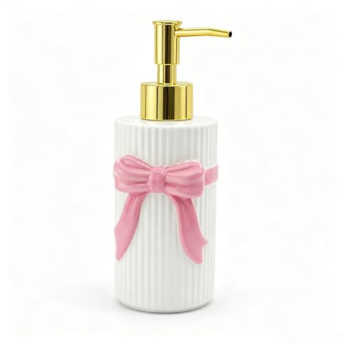 Ceramic Pink Bow Soap Dispenser, Cute Coquette Pump Dispenser, Refillable Hand Lotion Bottle, Preppy Accessories for Bathroom Kitchen Decor