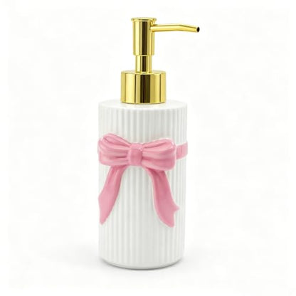 Ceramic Pink Bow Soap Dispenser, Cute Coquette Pump Dispenser, Refillable Hand Lotion Bottle, Preppy Accessories for Bathroom Kitchen Decor