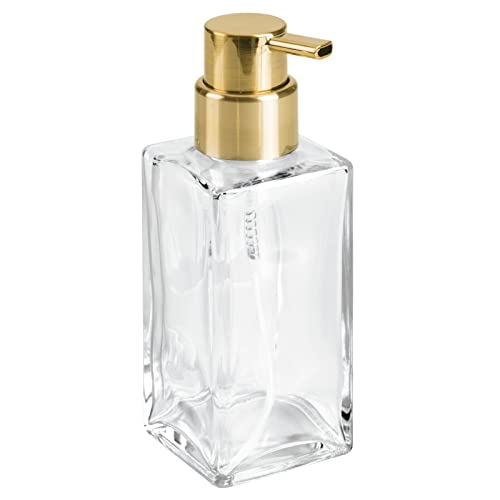 mDesign Glass Refillable Foaming Hand Soap Dispenser Modern Square Pump Bottle for Bathroom Vanities or Kitchen Sink, Countertops - 2 Pack - Clear/Soft Brass - color: Clear/Soft Brass