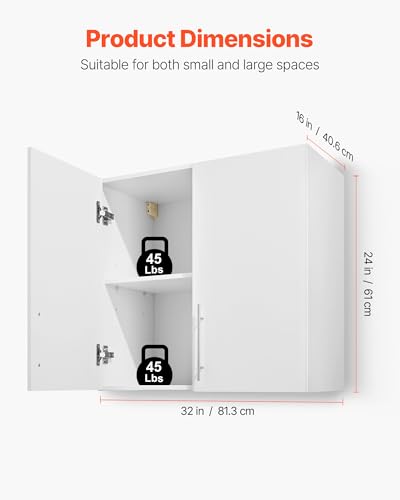 VEVOR Laundry Room Wall Cabinet, 2-Tier Wall Mounted Hanging Cabinet with Adjustable Shelf, 32 in Cupboard Storage with 2 Doors, for Bathroom, Kitchen, Laundry, 16 x 32 x 24 in (D x W x H), White - size: 32 Inch, style: 2 Doors