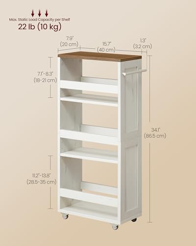 VASAGLE 4-Tier Slide-Out Storage Cart, Slim Kitchen Cart with Wheels - color: Rustic White + Honey Brown, size: 7.9"D