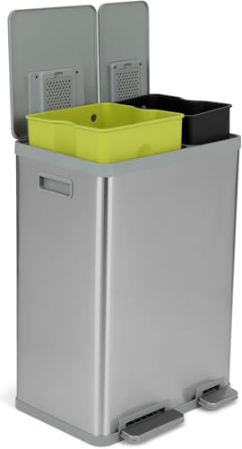 60 Liter / 16 Gallon Rectangular Hands-Free Dual Compartment Recycling Kitchen Step Trash Can with Soft-Close Lid, Brushed Stainless Steel (40L + 20L Capacity)