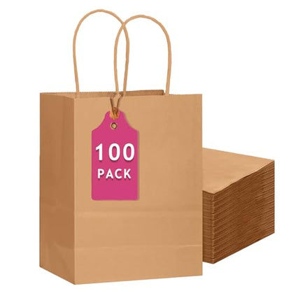 qiqee 100-Packs Large Size Paper Gift Bags with Handles Bulk 13"×10.2"×4.7" Brown Gift Bags Multiple Uses - size: Large - 100 Packs
