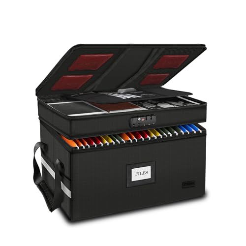 Large Fireproof Document Box with Lock, 2 Layer File Storage Organizer Box - color: Black, size: 60L