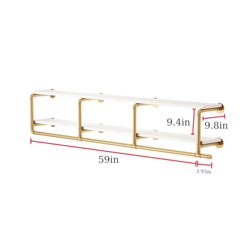 ORSENIGO Industrial Pipe Clothing Rack with Shelves, Gold Wall Mounted Clothes Rack for Home Retail - size: 63 x 9.84 x 9.65