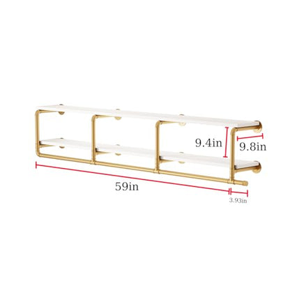 ORSENIGO Industrial Pipe Clothing Rack with Shelves, Gold Wall Mounted Clothes Rack for Home Retail - size: 63 x 9.84 x 9.65