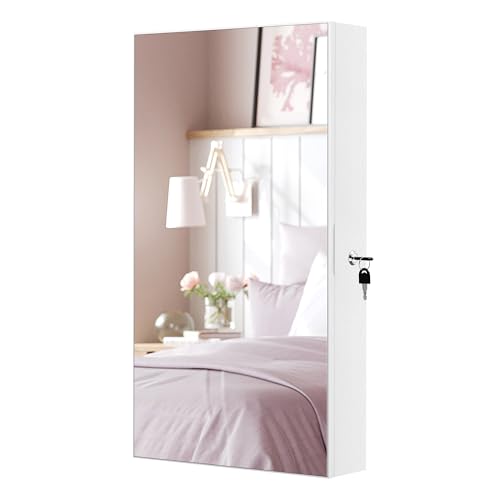 SONGMICS Lockable Jewelry Cabinet Armoire with Mirror, Wall-Mounted - color: White, style: Simple LED