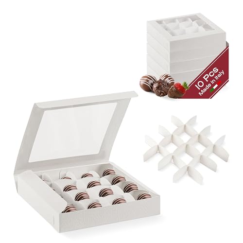 Pack of 10 Empty Chocolate Gift boxes (6.29" x 6.29" x 1.18") - Ideal for Covered Strawberries, Charcuterie, Brigadeiros, and for truffles - White Leather - color: White Leather, size: 6.29" x 6.29" x 1.18"