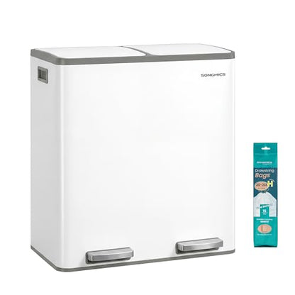 SONGMICS Trash Can, 2 x 8 Gallon (2 x 30 L) Double Compartment - color: White, size: 2 x 8 Gal.