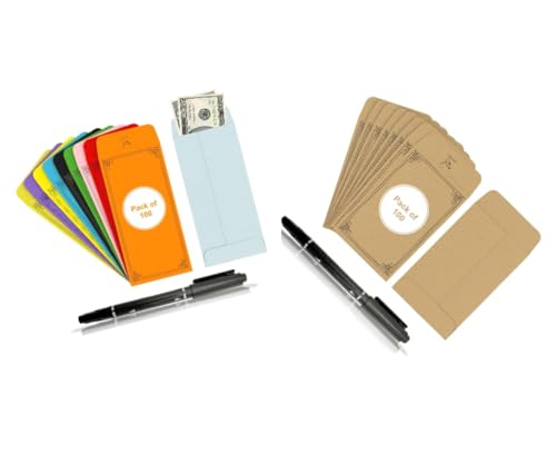 100 Pack Each Brown & Multi Small Coin & Cash Envelopes with Black Pen 130 GSM Paper Mini Envelopes with Gummed Flap, Seed Storage Envelopes, Tip envelopes, Cash, Keys, Jewelry, and Small Parts