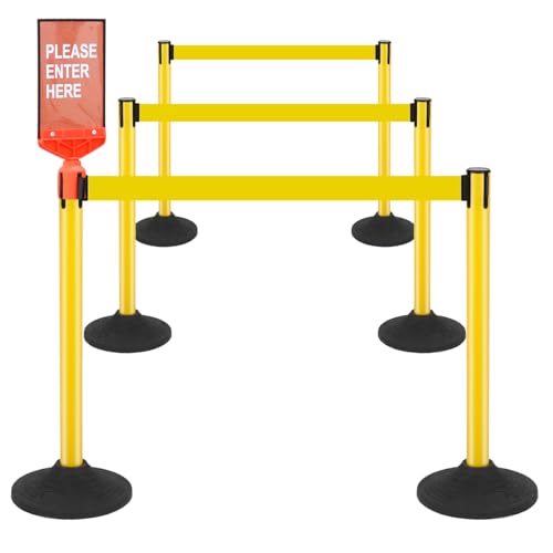 ECOSlGNS 6 Pack Stanchions with 10ft Retractable Belts - Yellow Stanchion Posts Set Crowd Control Barriers Line Dividers with Weighted Rubber Base & Sign Holders for Queue Management - color: Yellow- 6 Packs
