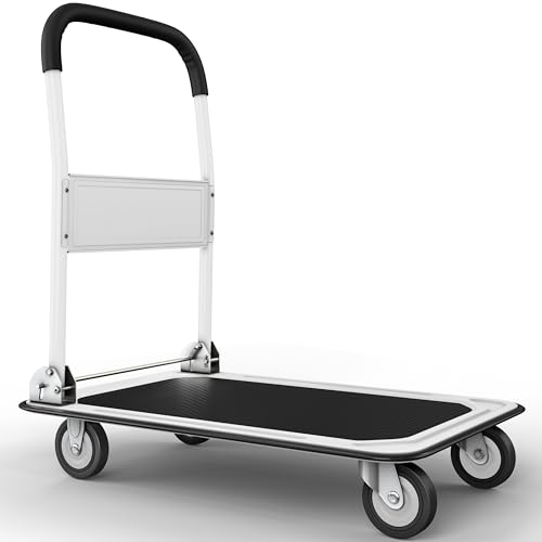 Heavy Duty Foldable Push Cart Dolly | 660 lbs. Capacity | Upgraded Collapsible Hand Truck Folding Platform with Swivel Wheels | Flat Bed Moving Wagon | Space Saving Push Handle (White) - color: White, 660 Lbs. Capacity