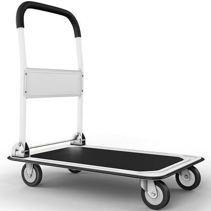 Heavy Duty Foldable Push Cart Dolly | 660 lbs. Capacity | Upgraded Collapsible Hand Truck Folding Platform with Swivel Wheels | Flat Bed Moving Wagon | Space Saving Push Handle (White) - color: White, 660 Lbs. Capacity