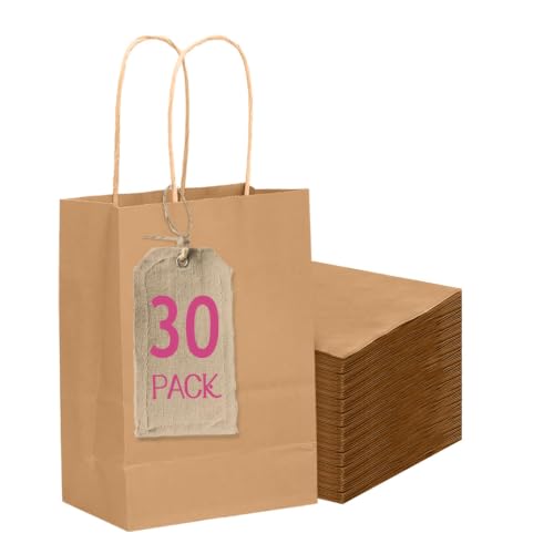 qiqee 30-Packs Brown Gift Bags with Handles Bulk 4.5"x2.5"x6" Mini Size Party Paper Bags - size: 1 Count (Pack of 30)