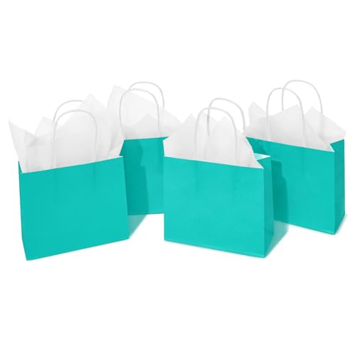 DjinnGlory 24 Pack Mini Tiny Teal Paper Gift Bags (Turquoise Aqua Blue) with White Tissue Paper for Summer Pool Party Supplies, Small Merchandises, 6x5x2.5 Inch - color: Teal