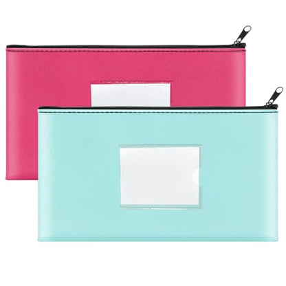 2 Pack PU Leather Money Bags with Zipper & Label, Light Blue & Rose Red - color: Light Blue & Rose Red