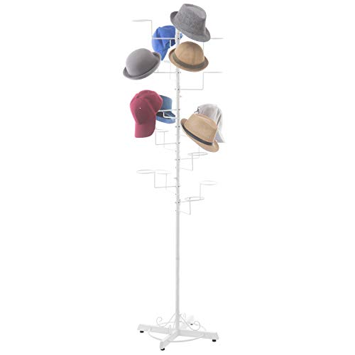 MyGift Hat Rack Stand, Cowboy Hat Display, Baseball Cap Organizer, Retail Wig Holder Storage with 20 Customizable Circular Hooks for Multiple Hats, Hat Tree Freestanding, White Metal - color: White