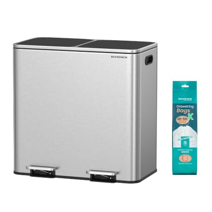 SONGMICS Trash Can, 2 x 10.6 Gallon (2 x 40 L), Silver and Black - color: Silver + Black, size: 2 x 10.6 Gallon