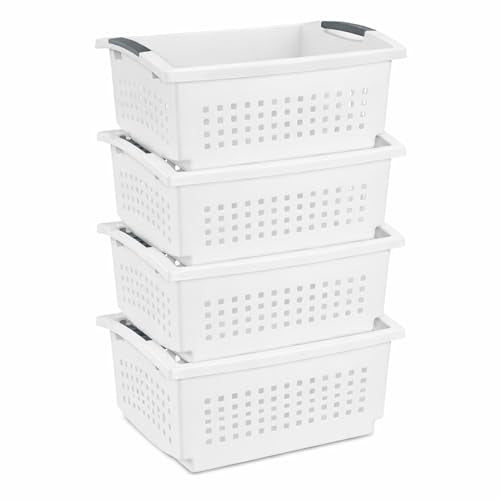 Sterilite Large Stacking Basket Plastic Storage Organizer, White, 4-Pack - size: 4 Pack, style: Large