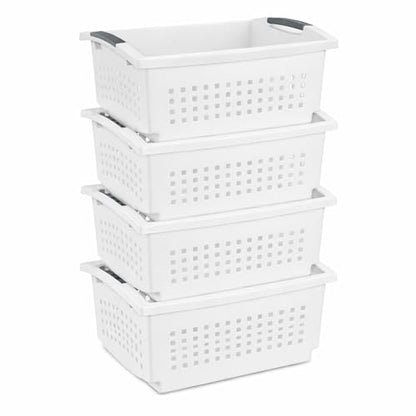 Sterilite Large Stacking Basket Plastic Storage Organizer, White, 4-Pack - size: 4 Pack, style: Large