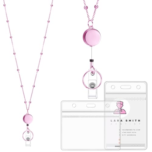 Pink Stainless Steel Badge Lanyard with 2 Waterproof Id Holders - color: Pink