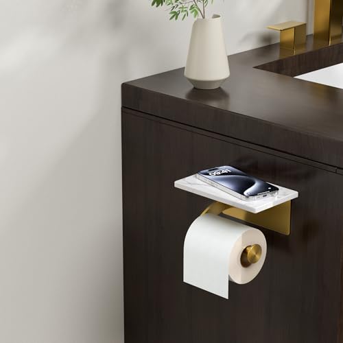 FORIOUS Natural Marble Toilet Paper Holder with Phone Shelf, Commercial - color: Brushed Gold, size: Single Roll