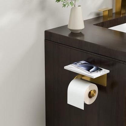 FORIOUS Natural Marble Toilet Paper Holder with Phone Shelf, Commercial - color: Brushed Gold, size: Single Roll
