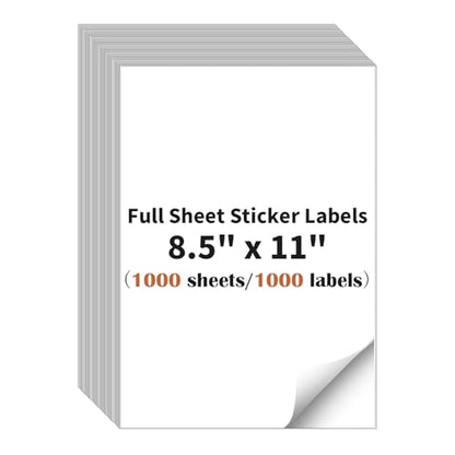Full Sheet Sticker Label, 8.5" x 11" Size- (1000 Sheets, 1000 Labels) - size: 8.5" x 11", style: 1000 sheets