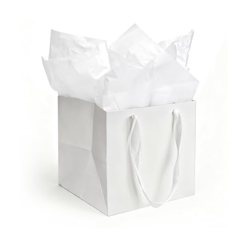 Papertide 24 Pack 8x8x8 inch White Square Gift Bags with Tissue Ppaper - color: White