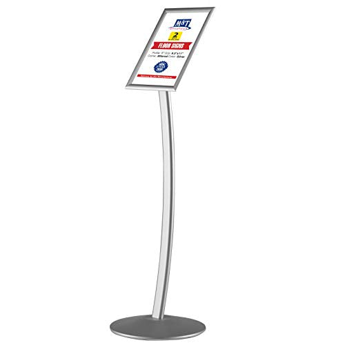 M&T Displays Curved Menu Board, 8.5x11 inches Silver Pedestal Sign Holder Floor Standing Aluminum Front Loading Easy Open Poster Message Advertisement Holder for Restaurant Cafe Hotel (2-Pack)