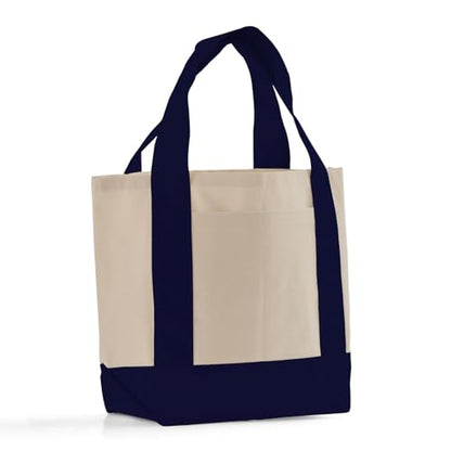 TBF 12 Pack Mini Iconic Canvas Shopping Bags with Gusset – Reusable Eco-Friendly Tote Bags with Handles - color: Navy