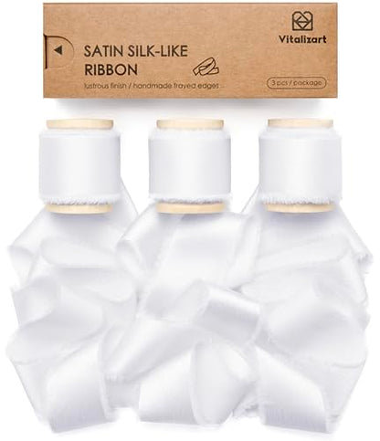 Vitalizart White Silk Satin Ribbon 1" x 15 Yds Wooden Spool Handmade Frayed - color: Off White