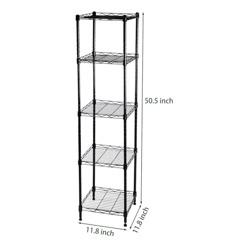 5-Wire Shelving Adjustable Shelves, Standing Storage Shelf for Laundry Bathroom Kitchen Pantry Closet Organization (Glossy Black, 11.8" L x 11.8" W x 50.5" H)