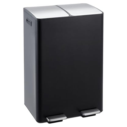 Garvee Dual Trash Can, 16 Gal (2 x 30 l) Stainless Steel Kitchen Garbage Can with Lid and Inner Bucket, Double Compartment Trash and Recycle Bin Combo with Step Pedal for Home Office, Black - color: Black, size: 30L+30L