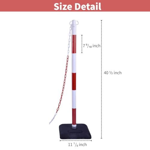4 Pack 40" Traffic Chain Stanchion Set – Red White Safety Posts with Weighted Rubber Base, 20Ft Chain Barrier for Crowd Control, Parking, Construction, Work Zone