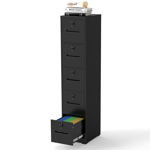 File Cabinet 5 Drawer with Lock, Vertical Filing Cabinets for Home Office, Metal Steel Storage Cabinet for Letter/Legal Size File, Assembly Required(Black) - size: 5 Drawer-Standard