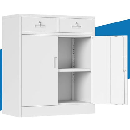 Metal Storage Cabinet, 36" Locking Cabinet with 2 Drawers & Shelves - color: White, size: 36"H×32"W×16"D-2Drawer