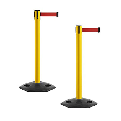 Montour Line MSR650 Set of 2 Retractable Belt Barrier Stanchion, Heavy-Duty Rubber Base, Yellow Steel Post (14 ft Red Belt) - color: Red, size: Yellow Steel