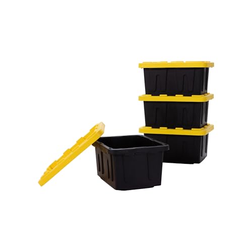 Plastic 5-Gallon Storage Tote with Lockable Lid, Stackable Tough Regular-Duty Bin for Garage, Tools, and Home Organization (4-Pack) - Black and Yellow - size: 5-Gallon (4-Pack)