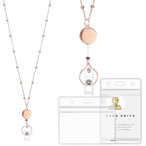 Rose Gold Badge Holder Lanyard with 2 Waterproof Id Holders, Retractable - color: Rose Gold