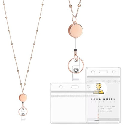 Rose Gold Badge Holder Lanyard with 2 Waterproof Id Holders, Retractable - color: Rose Gold