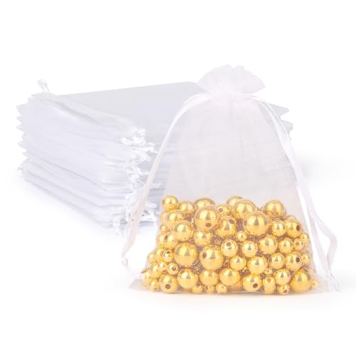 WenTao 100 Pcs Organza Bags 3×4 Inches, White Sheer Organza Gift Bags with Drawstring, Jewelry Favor Pouches Christmas Candy Wedding Birthday Party Bags - color: White