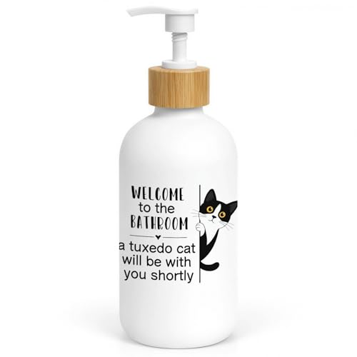 Tuxedo Cat Bathroom Glass Soap Dispenser with Pump - color: Tuxedo Cat
