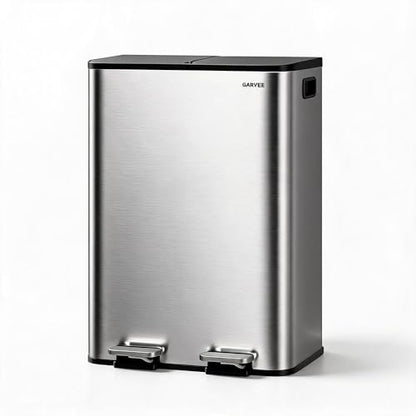 2x8 Gal Dual Compartment Stainless Steel Kitchen Trash Can with Lid, 30L+30L Recycling Garbage Bin, Soft Close Foot Pedal Trash Bin with 2 Removable Inner Buckets, Fingerprint Resistant for Home Offic - color: Stainless Steel, size: 2x8 Gal