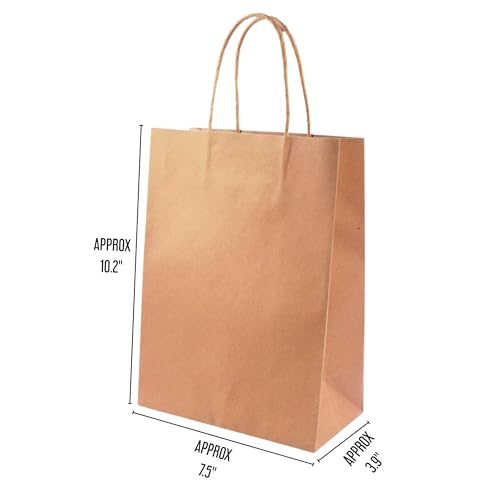Angels Craft 12 Pack Kraft Bags with Handles - 10" x 7" - Natural Colors | Durable Paper Gift Bags for Retail, Birthday, Party & DIY Projects - color: Natural, style: Large