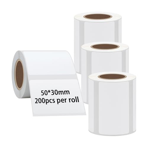 Hybsk 50x30mm Portable Printer Label Paper Multi-Purpose Tear Resistant Direct Thermal Labels Self-Adhesive Stickers Compatible with P50 Label Maker (50x30mm,White Label,4 Rolls) - color: White, size: 4 Rolls